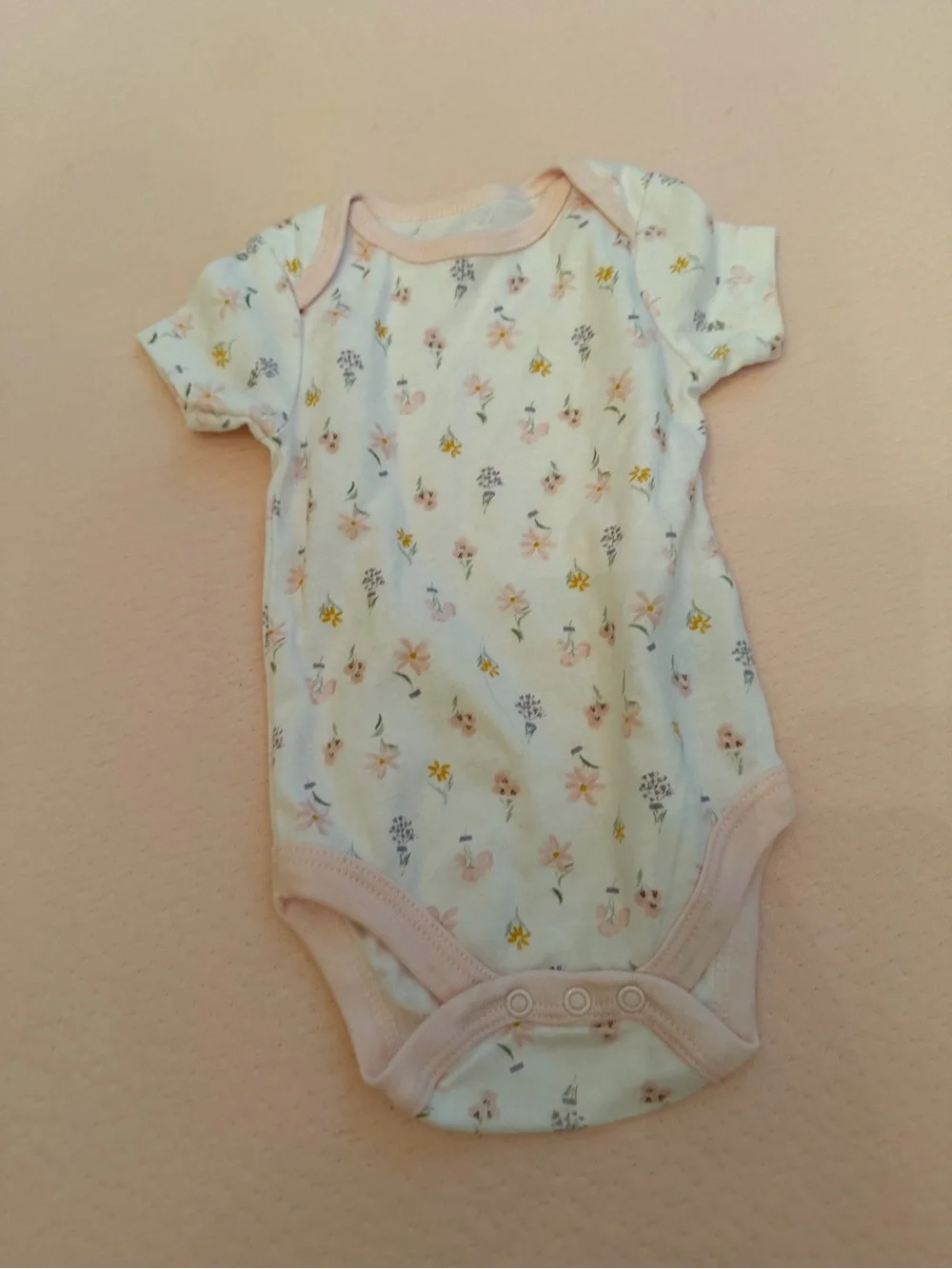 Floral Short-Sleeve Baby One-Piece Bodysuit in Light Pink Trim